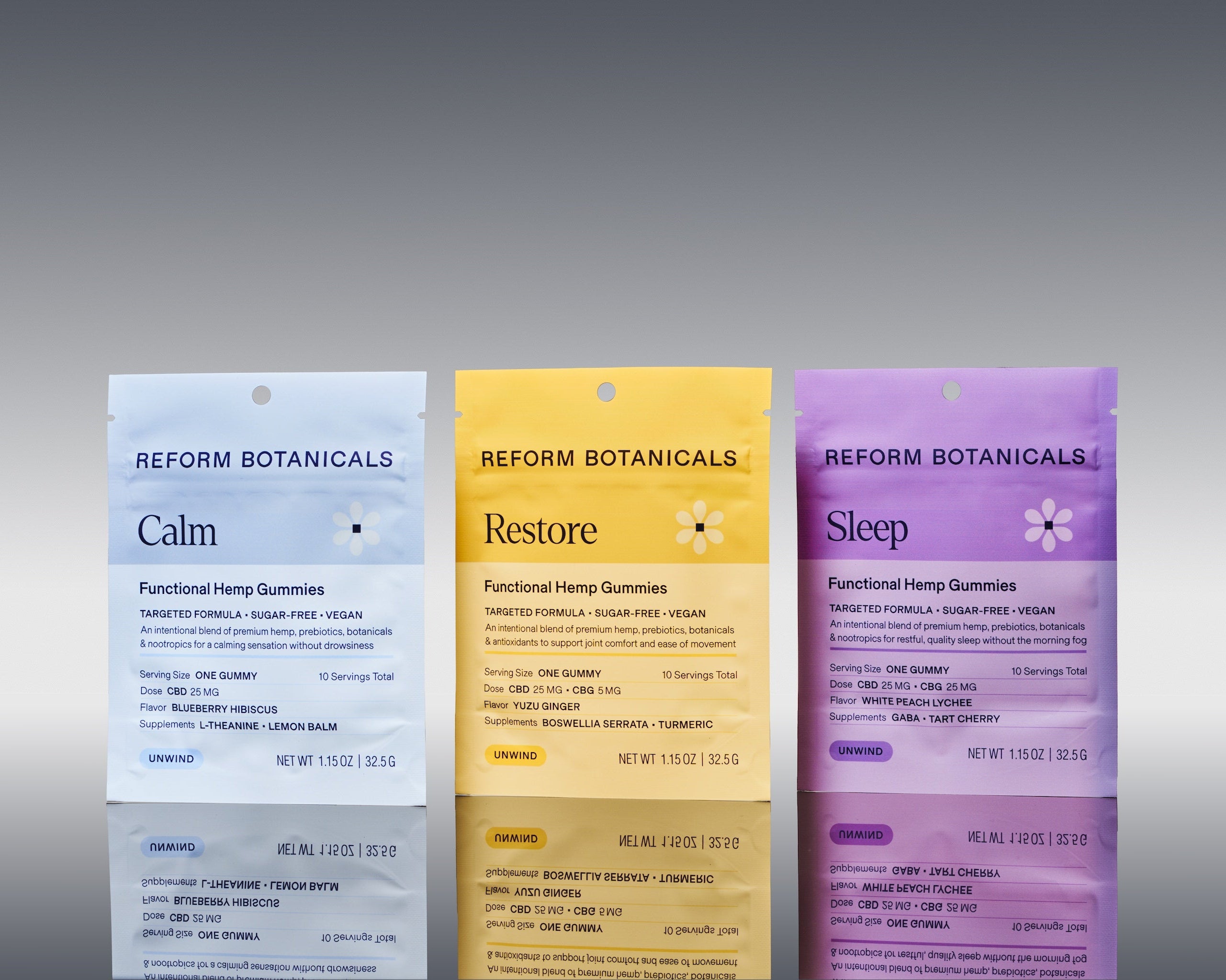 Three Reform Botanicals functional hemp gummies pouches in Calm, Restore, and Sleep flavors, displayed side-by-side on a reflective gray surface against a gradient gray background.
